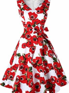 50s Style Red Floral Midi Dress with Pockets